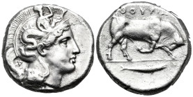 LUCANIA. Thourioi. Circa 400-350 BC. Distater (Silver, 25 mm, 15.72 g, 11 h). Head of Athena to right, wearing helmet adorned, on the bowl, with Skyll...