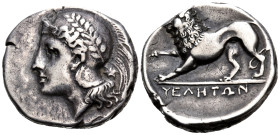 LUCANIA. Velia. Circa 334-300 BC. (Silver, 21 mm, 7.45 g, 7 h), Kleudoros Group. Head of Athena to left, wearing crested Attic helmet decorated with l...