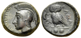 SICILY. Kamarina. Circa 420-405 BC. Tetras or Trionkion (Bronze, 15 mm, 3.23 g, 11 h). Head of Athena to left, wearing crested Attic helmet ornamented...