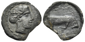 SICILY. Piakos. Circa 400 BC. Litra (Silver, 12 mm, 0.54 g, 12 h), struck to commemorate the synoikism of Piakos with Adranon. [ΠΙΑΚΙΝΩΝ] Head of nymp...