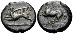 SICILY. Syracuse. Dionysios II, 367-357 BC. (Bronze, 22 mm, 11.07 g, 1 h), 'Kainon' issue, circa 360-340. Griffin springing to left. Rev. KAINON Horse...