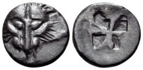 CIMMERIAN BOSPOROS. Pantikapaion. Circa 480-470 BC. Triobol (Silver, 13 mm, 2.22 g). Head of lion facing. Rev. Quadripartite incuse square with windmi...
