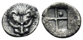 CIMMERIAN BOSPOROS. Pantikapaion. Circa 470-460 BC. Tetartemorion (Silver, 7.5 mm, 0.24 g). Lion's head or scalp seen from above. Rev. Quadripartite i...