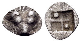 CIMMERIAN BOSPOROS. Pantikapaion. Circa 470-460 BC. Tetartemorion (Silver, 7 mm, 0.19 g). Lion's head or scalp facing. Rev. Quadripartite incuse squar...