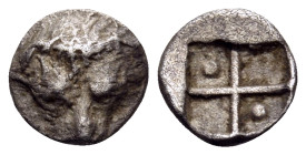 CIMMERIAN BOSPOROS. Pantikapaion. Circa 470-460 BC. Tetartemorion (Silver, 7 mm, 0.28 g). Lion's head or scalp facing. Rev. Quadripartite incuse squar...