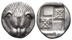 CIMMERIAN BOSPOROS. Pantikapaion. Circa 450-438/7 BC. Diobol (Silver, 12.5 mm, 1.71 g, 12 h). Head of lion facing. Rev. Quadripartite incuse square wi...