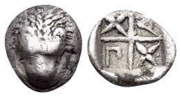 CIMMERIAN BOSPOROS. Pantikapaion. Circa 438/7-430 BC. Hemiobol (Silver, 8 mm, 0.33 g, 3 h). Head of lion facing. Rev. Π-A in alternating quarters of q...
