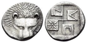 CIMMERIAN BOSPOROS. Pantikapaion. Circa 430-420 BC. Diobol (Silver, 12 mm, 1.45 g, 3 h). Head of lion facing. Rev. Π-Α-Ν and stellate design on raised...