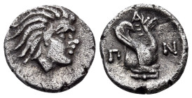 CIMMERIAN BOSPOROS. Pantikapaion. Circa 380-370 BC. Obol (Silver, 10 mm, 0.78 g, 2 h). Head of beardless satyr to right. Rev. Π-Α-Ν Forepart of griffi...