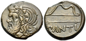 CIMMERIAN BOSPOROS. Pantikapaion. Circa 340-325 BC. (Bronze, 26 mm, 14.02 g, 9 h). Wreathed head of satyr to left. Rev. ΠΑΝTI Bow and arrow. HGC 7, 10...
