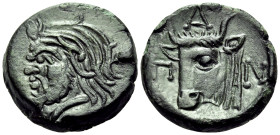 CIMMERIAN BOSPOROS. Pantikapaion. Circa 325-310 BC. (Bronze, 17 mm, 4.00 g, 6 h). Bearded head of satyr to left. Rev. Π-A-N Head of bull to left. HGC ...