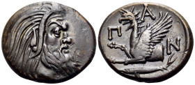 CIMMERIAN BOSPOROS. Pantikapaion. Circa 310-304/3 BC. Tetrachalkon (Bronze, 22.5 mm, 7.28 g, 12 h). Bearded head of satyr with animal ear to right. Re...