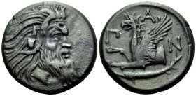 CIMMERIAN BOSPOROS. Pantikapaion. Circa 310-304/3 BC. Tetrachalkon (Bronze, 22 mm, 7.37 g, 12 h). Bearded head of satyr to right. Rev. Π-Α-Ν Forepart ...