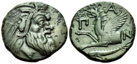 CIMMERIAN BOSPOROS. Pantikapaion. Circa 310-304/3 BC. (Bronze, 20 mm, 4.99 g, 12 h). Bearded head of satyr to right. Rev. Π-Α-Ν Forepart of griffin to...