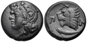 CIMMERIAN BOSPOROS. Pantikapaion. Circa 310-304/3 BC. (Bronze, 20.5 mm, 8.13 g, 11 h). Wreathed head of beardless satyr to left. Rev. Π-Α-Ν Head of li...