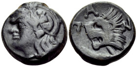 CIMMERIAN BOSPOROS. Pantikapaion. Circa 310-304/3 BC. (Bronze, 19 mm, 7.16 g, 12 h). Head of beardless satyr to left. Rev. Π-Α-Ν Head of lion to left;...