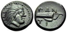 CIMMERIAN BOSPOROS. Pantikapaion. Circa 310-304/3 BC. Chalkous (Bronze, 12 mm, 1.78 g, 8 h). Head of a satyr to right. Rev. ΠΑΝ-ΤΙ Bow in bow-case. HG...