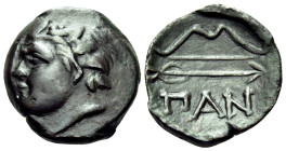 CIMMERIAN BOSPOROS. Pantikapaion. Circa 304/3-250 BC. (Bronze, 15 mm, 2.17 g, 11 h). Wreath head of beardless satyr to left. Rev. ΠΑΝ Bow above arrow....