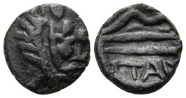 CIMMERIAN BOSPOROS. Pantikapaion. Circa 2nd century BC. (Bronze, 10 mm, 0.63 g, 6 h). Wreathed head of bearded Satyr (?) to right. Rev. ΠΑΝ Bow with a...