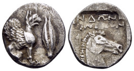 CIMMERIAN BOSPOROS. The Sindii. Circa 400 BC. Diobol (Silver, 14 mm, 1.24 g, 12 h). Eagle-griffin seated to right; before, barley corn. Rev. ΣΙΝΔΩΝ He...