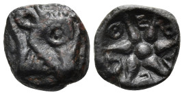 CIMMERIAN BOSPOROS. Theodoseia. Circa 360-340 BC. Half chalkous (Bronze, 10 mm, 0.85 g, 12 h). Bull's head to right. Rev. Θ-Ε-Ο-Δ-Ε-Ω around six-rayed...