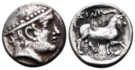 THRACE. Ainos. Circa 408/7-407/6 BC. Obol (Silver, 11 mm, 0.70 g, 6 h). Head of Hermes to right, wearing petasos. Rev. AINI Goat advancing to right; b...