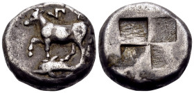 THRACE. Byzantion. Circa 340-320 BC. Siglos (Silver, 16 mm, 5.32 g). (YΠ)Y Heifer standing to left with left foreleg raised; below, dolphin swimming t...