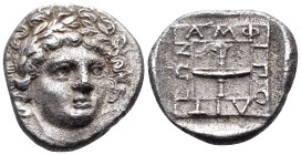 MACEDON. Amphipolis. 369/8 BC. Drachm (Silver, 16 mm, 3.50 g, 4 h). laureate head of Apollo facing slightly to right. Rev. ΑΜΦ-IΠΟ-ΛΙΤ-ΕΩΝ within line...