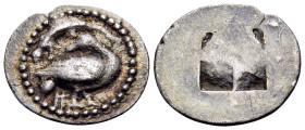 MACEDON. Eion. Circa 460-400 BC. Trihemiobol (Silver, 12.5 mm, 0.86 g). Goose standing to right, head turned back to left; above, lizard to left; belo...
