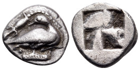 MACEDON. Eion. Circa 460-400 BC. Trihemiobol (Silver, 11 mm, 0.96 g). Goose standing to right, head turned back to left; above, lizard crawling downwa...