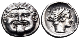 MACEDON. Neapolis. Circa 424-350 BC. Hemidrachm (Silver, 13.5 mm, 1.75 g, 4 h). Gorgoneion facing with protruding tongue. Rev. Ν-Ε / Ο-Π Head of the n...