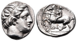 KINGS OF MACEDON. Philip II, 359-336 BC. Hemidrachm (Silver, 12.5 mm, 1.78 g, 3 h), Pella, circa 359-355/4. Head of Apollo to right, wearing taenia. R...