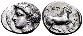 THESSALY. Larissa. Circa 380-370 BC. Drachm (Silver, 19 mm, 5.94 g, 12 h). ΛΑΡΙΣΑ Head of the nymph Larissa to left, wearing pearl necklace and triple...