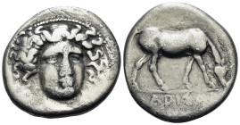THESSALY. Larissa. Circa 400-370 BC. Drachm (Silver, 20 mm, 5.59 g, 5 h). Head of Larissa facing slightly to right. Rev. ΛΑΡΙΣΑΙ Horse grazing to righ...