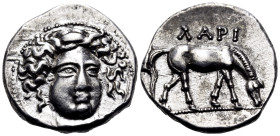 THESSALY. Larissa. Circa 400-380 BC. Drachm (Silver, 18.5 mm, 6.02 g, 3 h). Head of the nymph Larissa facing slightly to right. Rev. ΛΑΡΙ Horse grazin...