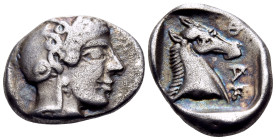 THESSALY. Pharsalos. late 5th-mid 4th century BC. Hemidrachm (Silver, 16 mm, 2.90 g, 11 h). Helmeted head of Athena to right. Rev. Φ-ΑΡ Head and neck ...