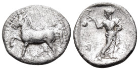 THESSALY. Trikka. c. 440-400 BC. Obol (Silver, 12 mm, 0.89 g, 3 h). Horse trotting to left. Rev. T-P/IK (partially retrograde) The nymph Trikke standi...