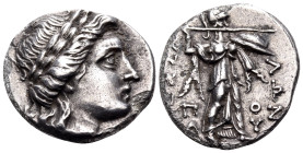 THESSALY, Thessalian League. Circa 150-100 BC. Drachm (Silver, 17 mm, 3.81 g, 8 h), struck under the magistrates Eu... and Poly.... Laureate head of A...