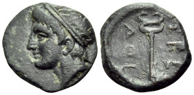 ISLANDS OFF THESSALY, Skiathos. Circa 350-344 BC. Chalkous (Bronze, 13.5 mm, 1.48 g, 3 h). Youthful male head to left, wearing tainia. Rev. ΣΚΙ/ΑΘΙ Ke...