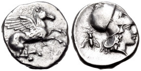 EPEIROS. Ambrakia. Circa 426-404 BC. Stater (Silver, 20 mm, 7.75 g, 6 h). Pegasos flying to right; A below. Rev. Head of Athena to right, wearing Cori...