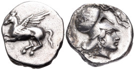 EPEIROS. Ambrakia. Circa 404-360 BC. Stater (Silver, 20.5 mm, 7.69 g, 9 h). Pegasos flying left with straight wings; on his hindquarter, [A]. Rev. Hea...