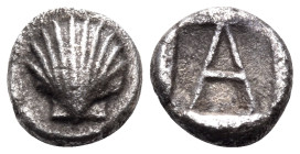 WESTERN GREECE AND THE IONIAN ISLANDS, Uncertain. Circa 450-400 BC. Hemiobol (Silver, 5 mm, 0.41 g, 7 h). Scallop shell. Rev. A within shallow incuse ...