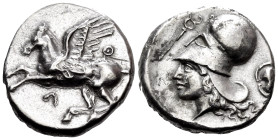 AKARNANIA. Leukas. Circa 375-350 BC. Stater (Silver, 21 mm, 7.76 g, 9 h). Λ Pegasos flying to left; in upper right field, Θ. Rev. Head of Athena facin...