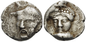 AKARNANIA. Stratos. Circa 425-380 BC. Hemidrachm (Silver, 14 mm, 2.23 g, 12 h). Bearded head of androkephalic river-god Acheloos with horns facing, tu...