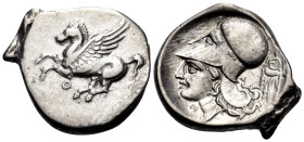 AKARNANIA. Thyrrheion. Circa 320-280 BC. Stater (Silver, 22 mm, 8.53 g, 11 h). Pegasos flying to left; Θ below. Rev. Head of Athena to left, wearing C...