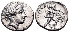 LOKRIS. Lokris Opuntii. Circa 338-316 BC. Triobol (Silver, 15 mm, 2.13 g, 11 h). Head of Persephone to right, wearing grain wreath and pendant earring...