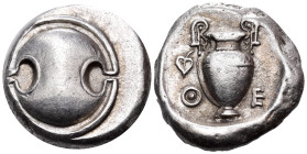 BOEOTIA. Thebes. Circa 425-400 BC. Stater (Silver, 22 mm, 12.01 g, 5 h). Boeotian shield. Rev. Θ-E Amphora with ivy leaf hanging from left handle; all...