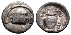 BOEOTIA. Thebes. Circa 425-395 BC. Hemiobol (Silver, 8 mm, 0.31 g, 3 h). Half Boeotian shield, decorated with club to left. Rev. Θ-Ε-Β Amphora. BCD Bo...