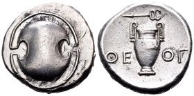 BOEOTIA. Thebes. Circa 395-338 BC. Stater (Silver, 22 mm, 12.24 g, 6 h), struck under the magistrate Theog-. Boeotian shield. Rev. ΘΕ-ΟΓ Amphora; abov...