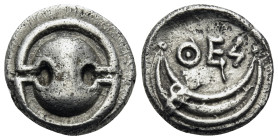 BOEOTIA. Thespiai. early-mid 4th century BC. Obol (Silver, 10 mm, 0.97 g). Boeotian shield. Rev. ΘΕΣ Crescent composed of three lines, with a dot at e...